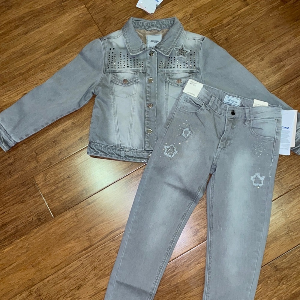 Mayoral girls grey fleece lined denim jacket and matching jeans size 6 NWT